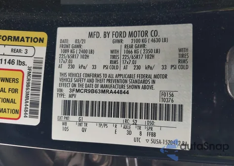 2021 Ford Bronco Sport Big Bend z USA, uszkodzony, nr VIN 3FMCR9B63MRA44844